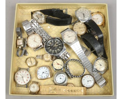 A box of ladies and gents vintage wristwatches, watch heads and spares including Sicura divers watch, Tissot, Everite & Oris.