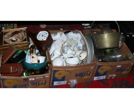 Three boxes of miscellaneous ceramics, glass and metalwares including Tuscan china, Grosvenor china, mantle clock, cutlery et