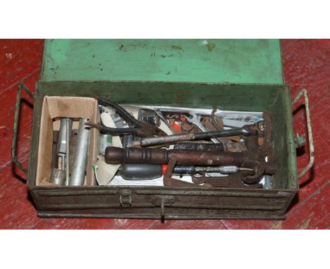 A steel box and contents of hand tools including sockets, spanners etc.