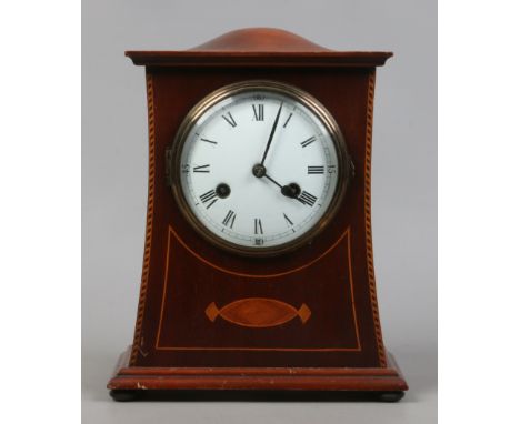 A Victorian style marquetry inlaid mantel clock with white enamel dial chiming on coiled gong.