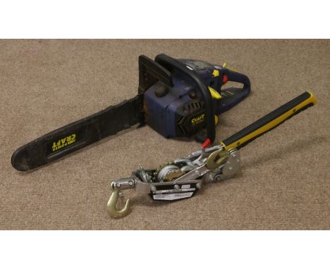 A Autrade 3 ton cable puller along with a power craft PC40 38cc petrol chain saw.