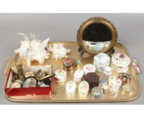 A tray of collectables to include silver napkin rings, convex mirror, shells, pocket watches, pen knives, trinket boxes etc.