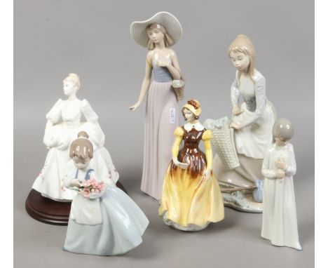 Six ceramic figures of ladies/girls to include Nao, Coalport etc. Condition Report. To be used as a guide only. Damage to som