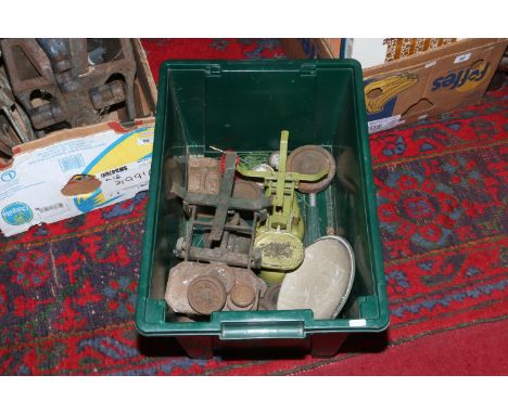 A box containing two sets of vintage weighing scales and quantity of weights including C. H. Crane Siddons etc.