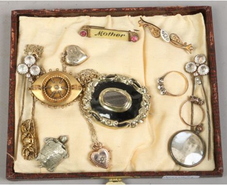 A collection of antique and vintage jewellery including pinchbeck etc including mourning brooch, pearl locket and white paste