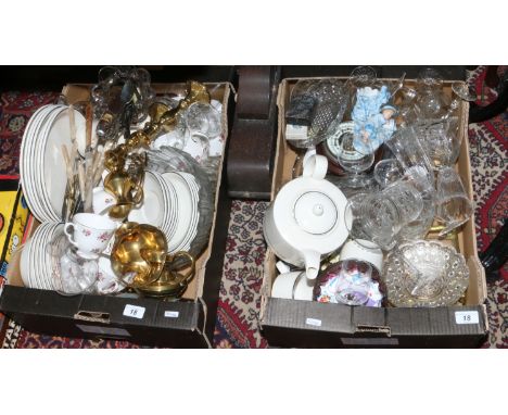 Two boxes of mixed pottery glass and metalwares, carnival bowl, drinking vessels, brass candlesticks, cutlery, pen knife, she