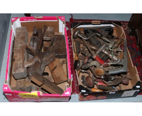 Two boxes of hand tools to include plains, bit and brace etc. 