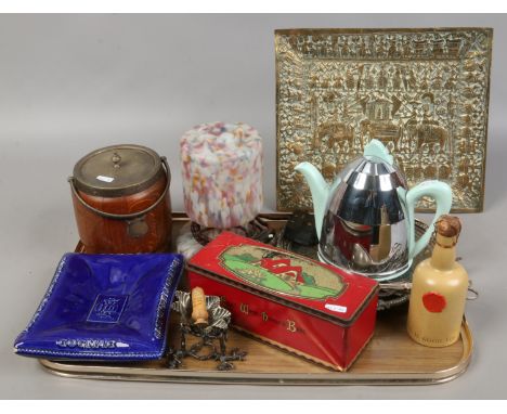 A group of mixed collectables to include Art Deco lamp, silver plate, advertising tin etc.