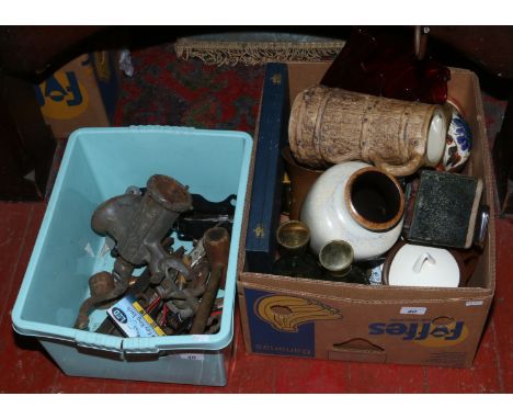 Two boxes of miscellaneous including West German art pottery, glasswares, metalwares, hand tools, kitchenalia etc.