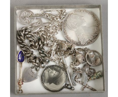 A small collection of silver oddments including a charm bracelet, Thaler re strike, Albert watch chain and niello photo locke