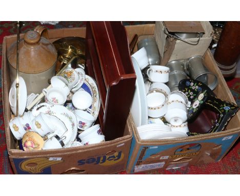Two boxes of miscellaneous to include Royal Worcester, Coalport, stoneware flagon, bargeware, metalware etc.