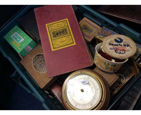 A quantity of vintage games including dominoes, with a barometer.