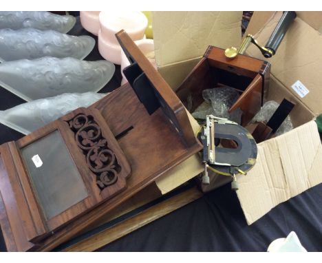 A walnut magic lantern viewer with fret work along with a mahogany box viewer and Carl-Zeiss Jena set.