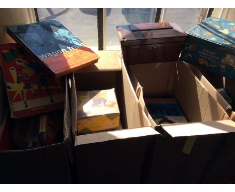 Four cartons containing annuals, Mamodsteam engine, film magazines, Victorian box, tins etc.
