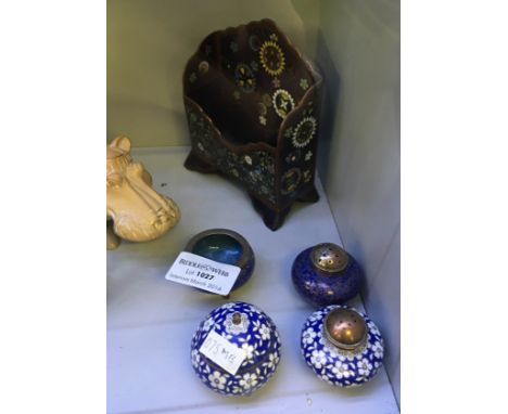 Two sets of enamel salt and pepper pots with champleve card holder.