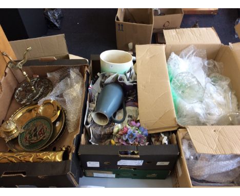 A quantity of household items to include brass platters, containers and vases, glassware, and various ceramic vases and decor