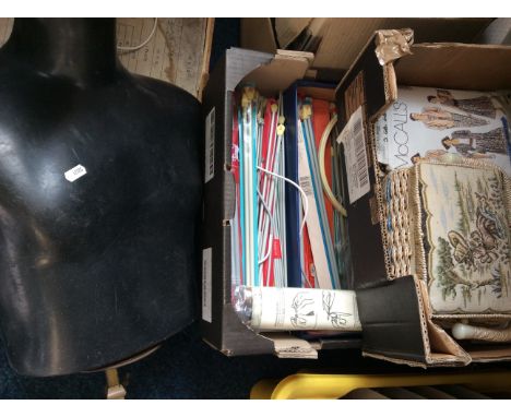 Three cartons of knitting and sewing related items including needles, patterns, wool and a part mannequin.