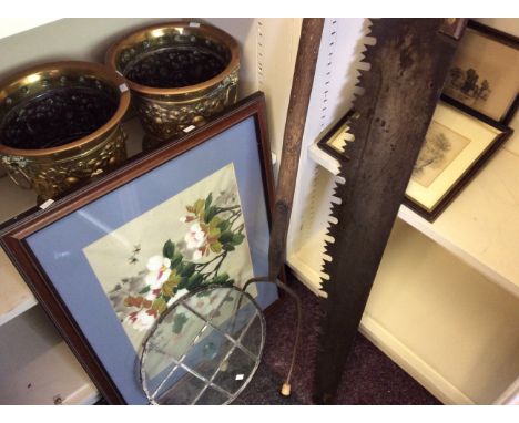 A large saw, pitch fork, two brass wine coolers, glass, oriental picture and two prints.