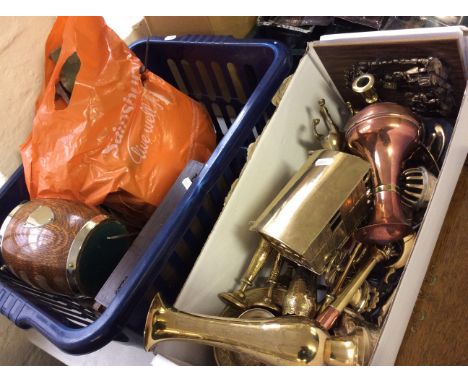 A selection of various items including brassware, an oak tray, a set of scales, cutlery, biscuit barrel etc.