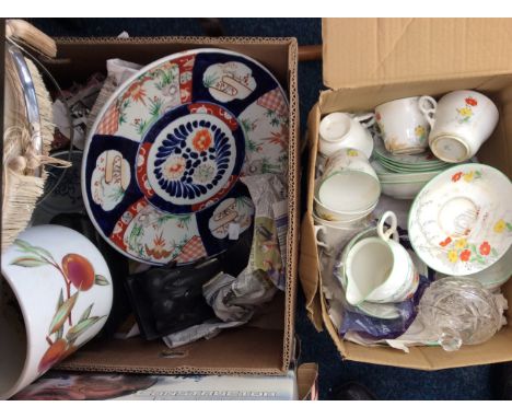 Two cartons of mixed ceramics and oddments including Imari wall plate Royal Worcester planter, teaset, elephant book ends, wa