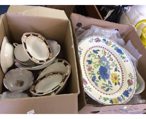 Two boxes of assorted items including wooden and ceramic figurines along with various ceramic crockery including a Masons dis