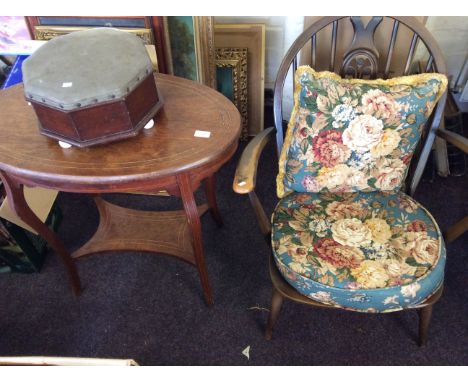 Two Ercol armchairs, oval side table and a foot stool.