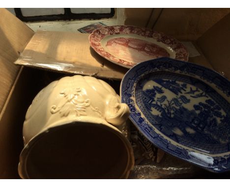 Three boxes of mixed items to include ceramic pots, plates, candlesticks etc.