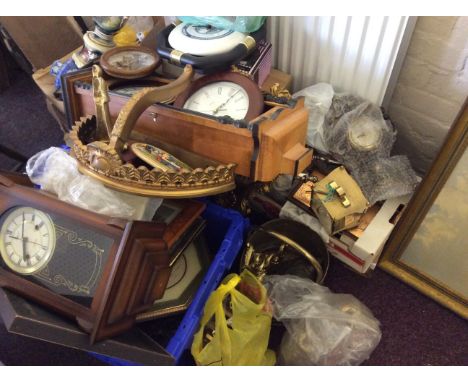 A large quantity of modern mantle, wall clocks etc together with print, mirror, lamp etc