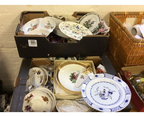 Three crates of crockery including Wedgwood, Coalport, Royal Worcester plates, serving dishes, mugs etc.