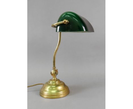 A student's reproduction brass adjustable desk lamp with green glass shade, 43cm high.
