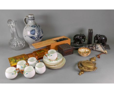 A set of six Victorian Cauldron china coffee cups and saucers, pattern no. C 8612, Victorian glass claret jug, German grey st