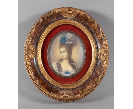 French School, Bust portrait of a noblewoman, 20th century, miniature, in late 18th century style, indistinctly signed, water