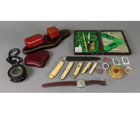 A collection of bone and ivory cased pocket knives and others, manicure and sewing tools, 19th century and later, jewellery b