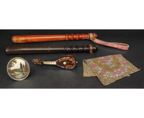 A miniature tortoiseshell mother of pearl and bone lute, late 19th century, 17cm long, a beaded cap, each side with a central