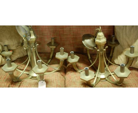 A pair of Art Deco taste Dutch brass 6-light hanging electroliers