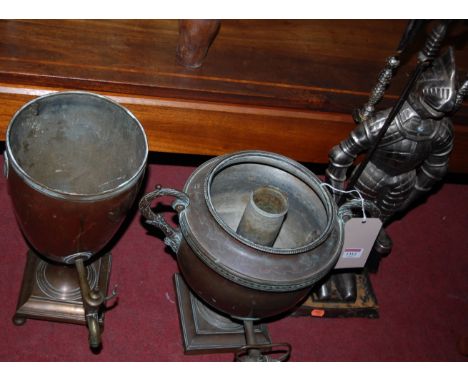 Two copper samovars (each lacking lid); together with a set of steel fire tools (3)