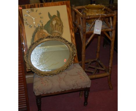 A bamboo plant stand, together with a walnut nursing chair, a wall clock, a wall mirror and a ceramic planter (5)