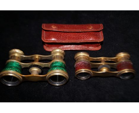 2 Sets of opera glasses 1 enamel &amp; 1 leather bound