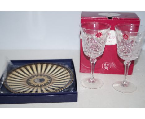 Royal Worcester boxed cabinet plate together with a boxed pair of royal Albert crystal wine glasses