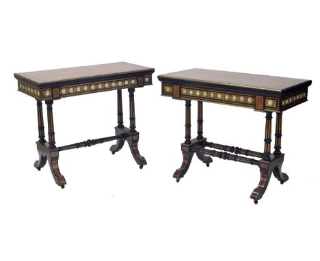 Good matched pair of 19th century ebony and burr yew fold-over card tables,&nbsp;the rectangular tops banded in brass and lin