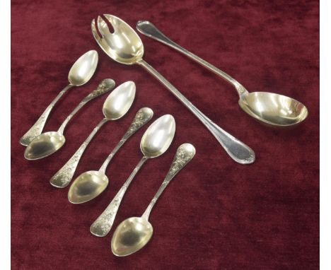 Pair of French silver salad serving spoons, marked H &amp; C (Henin &amp; Cie) 10" long; together with six French silver teas