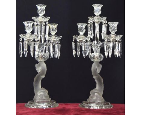 Fine pair of&nbsp;Baccarat&nbsp;branch candelabra,&nbsp;having cut lustre drops, each frosted figural pillar formed as a dolp