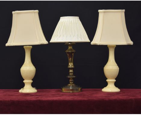 Pair of faux marble table lamps with shades, 20" high overall; together with a brass table lamp with shade, 19" high (3) 