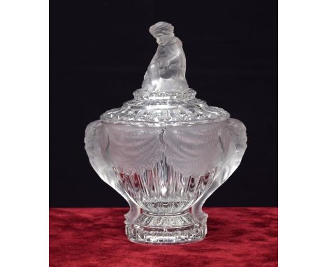 Baccarat clear and frosted glass bonbon dish and cover,&nbsp;with twin moulded elephant's head handles, the cover with a chil