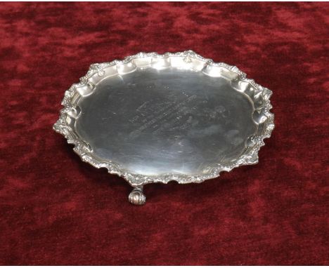 Mappin &amp; Webb silver salver, with a cast pie-crust beaded border upon three scroll feet, engraved to the centre with a pr