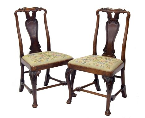 Good pair of early 18th century cherry side chairs of Chinese influence, each&nbsp;with curved vase splats with scroll decora