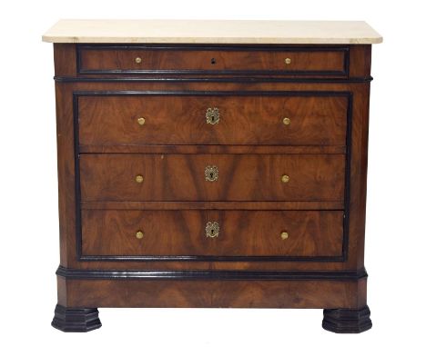 French 19th century walnut marble-top commode chest of drawers, with four graduated long drawers upon a plinth and block feet