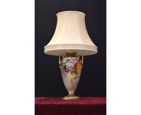Noritake porcelain twin-handled table lamp with shade, decorated with flowers within gilded highlights, 30" high overall 