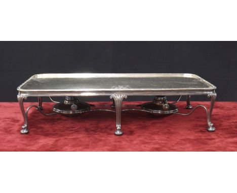 Large silver plated hot plate serving stand, with engraved crest for ?Hotel Bristol Barcelona?, with two spirit burners upon 