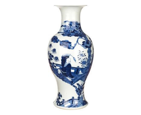 A BLUE-AND-WHITE PORCELAIN KANGXI STYLE VASE, modeled in the style of Kangxi vase, decorated in blue and white with two figur